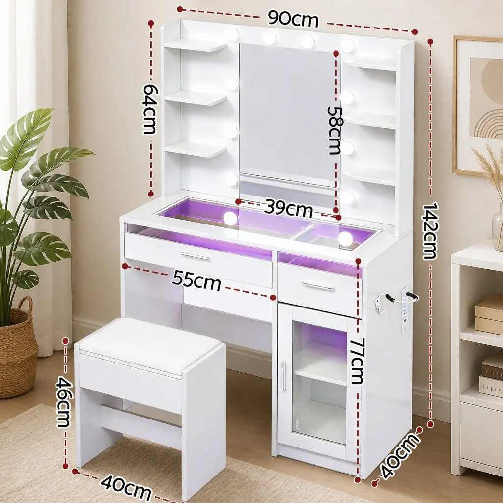 Dressing Table Vanity Desk with RGB Lighting 90cm White
