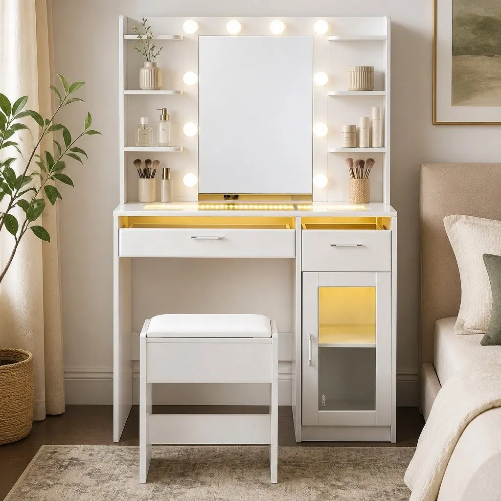 Dressing Table Vanity Desk with RGB Lighting 90cm White