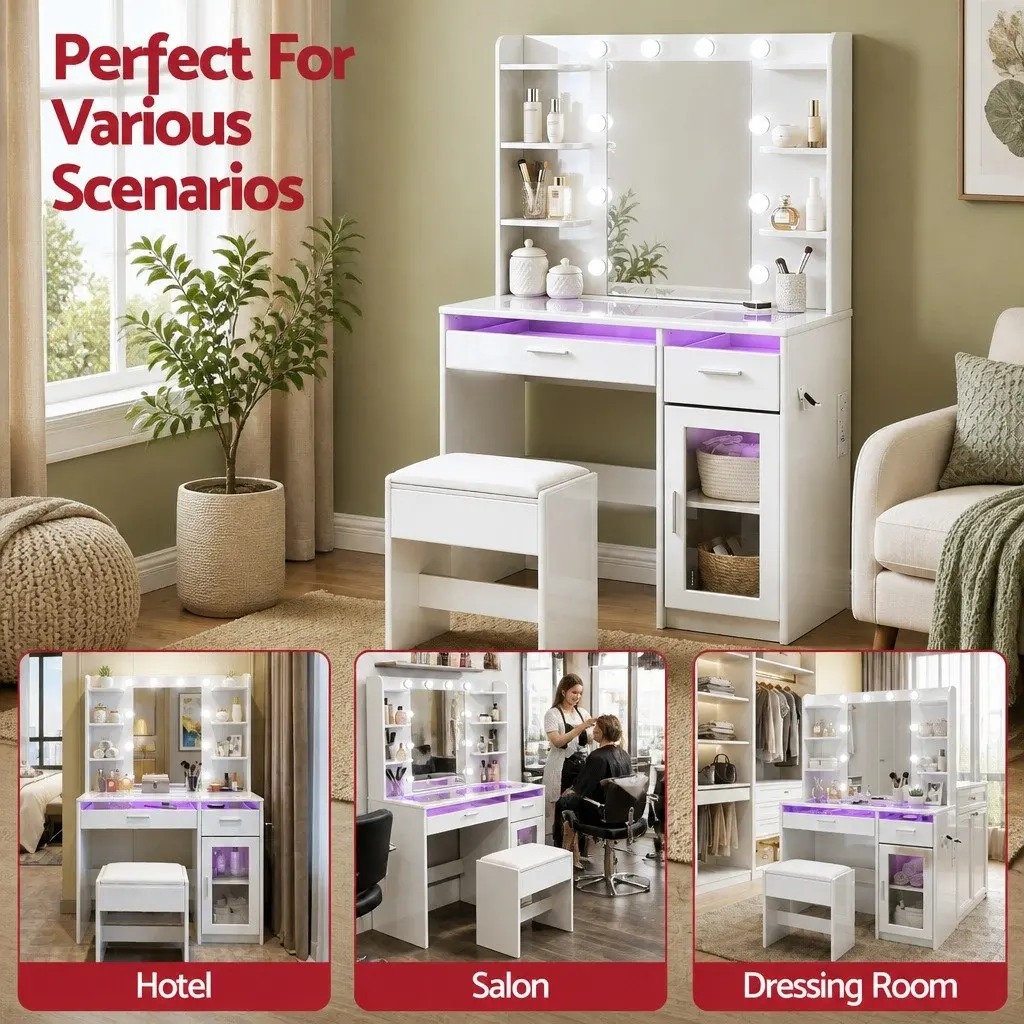 Dressing Table Vanity Desk with RGB Lighting 90cm White
