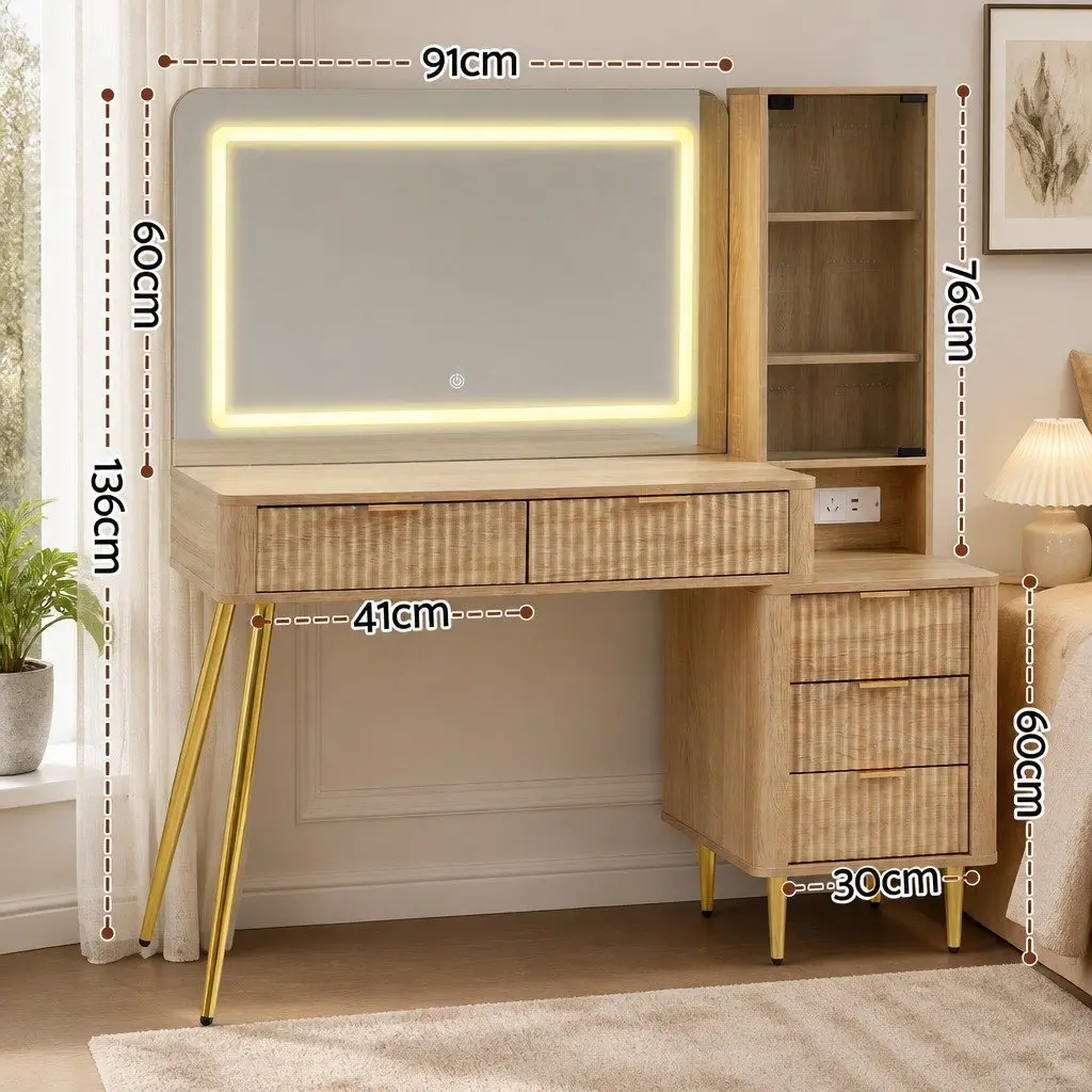 Vanity Desk with LED Mirror and Charging Station for Makeup 121cm Wood
