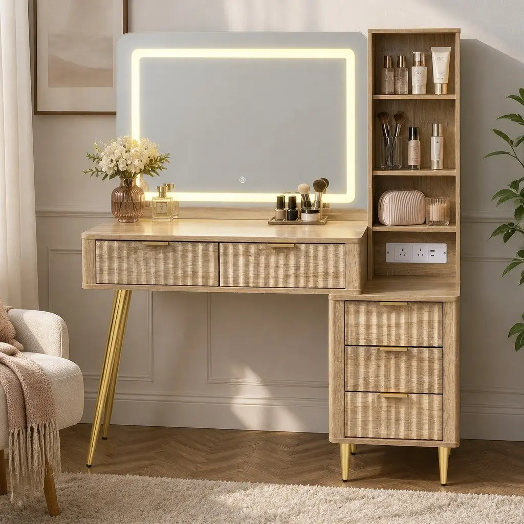 Vanity Desk with LED Mirror and Charging Station for Makeup 121cm Wood