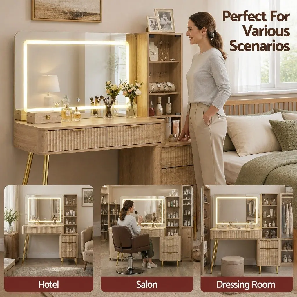 Vanity Desk with LED Mirror and Charging Station for Makeup 121cm Wood