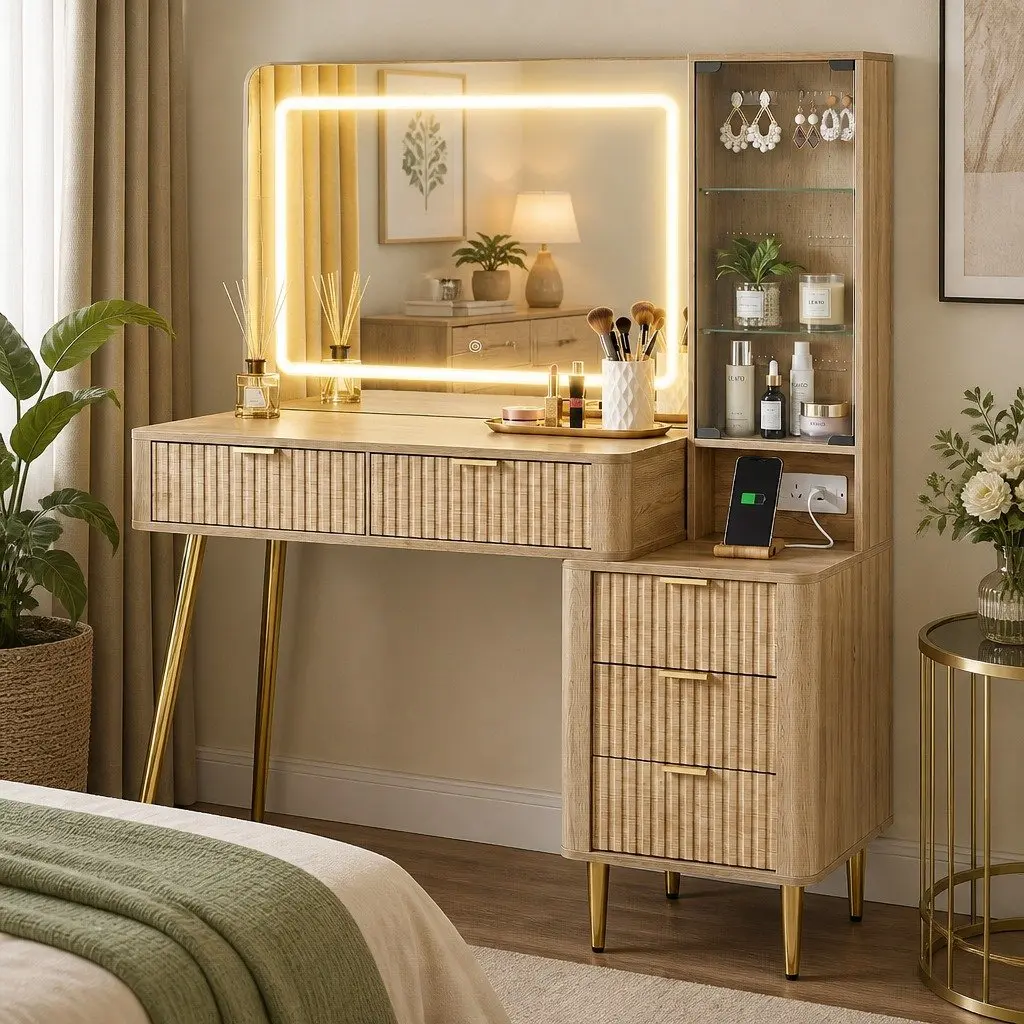 Vanity Desk with LED Mirror and Charging Station for Makeup 121cm Wood