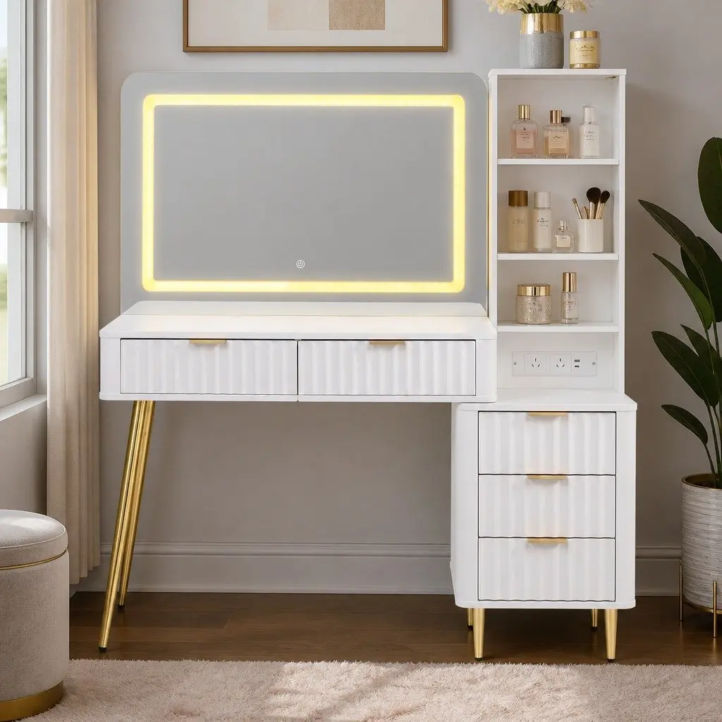 Dressing Table LED Vanity Desk with Charging Station White 121cm