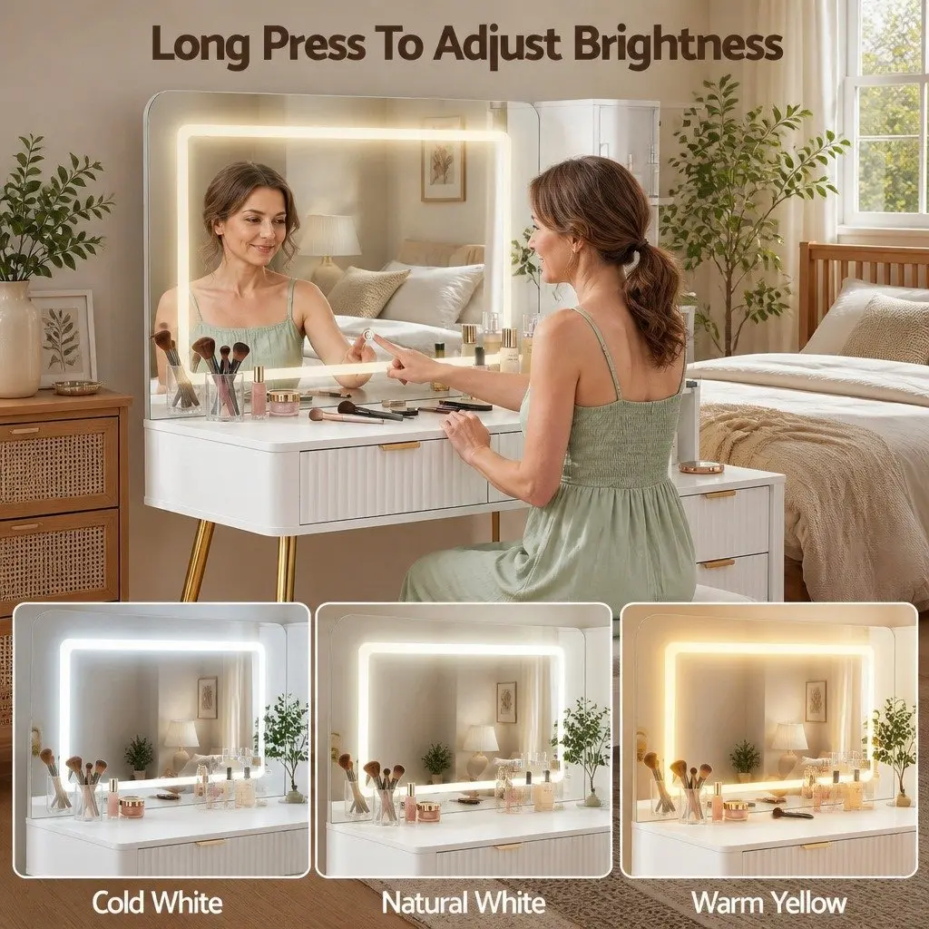 Dressing Table LED Vanity Desk with Charging Station White 121cm
