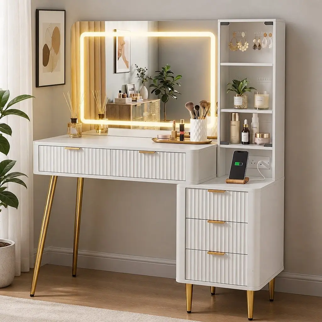 Dressing Table LED Vanity Desk with Charging Station White 121cm