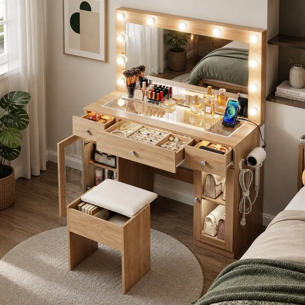 Dressing Table with LED Mirror and Ample Storage