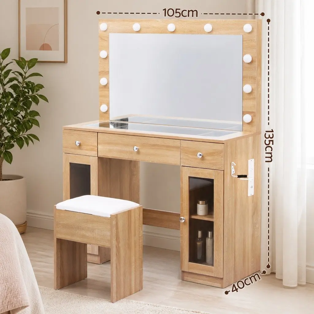 Dressing Table Vanity Desk Makeup Application LED Hollywood Mirror RGB Bulbs Wood 105cm x 40cm x 135cm
