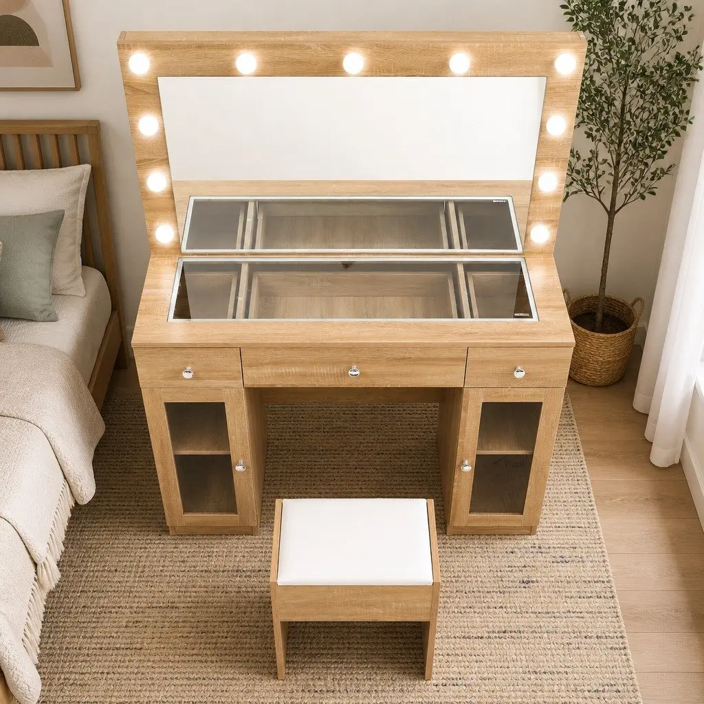 Dressing Table Vanity Desk Makeup Application LED Hollywood Mirror RGB Bulbs Wood 105cm x 40cm x 135cm