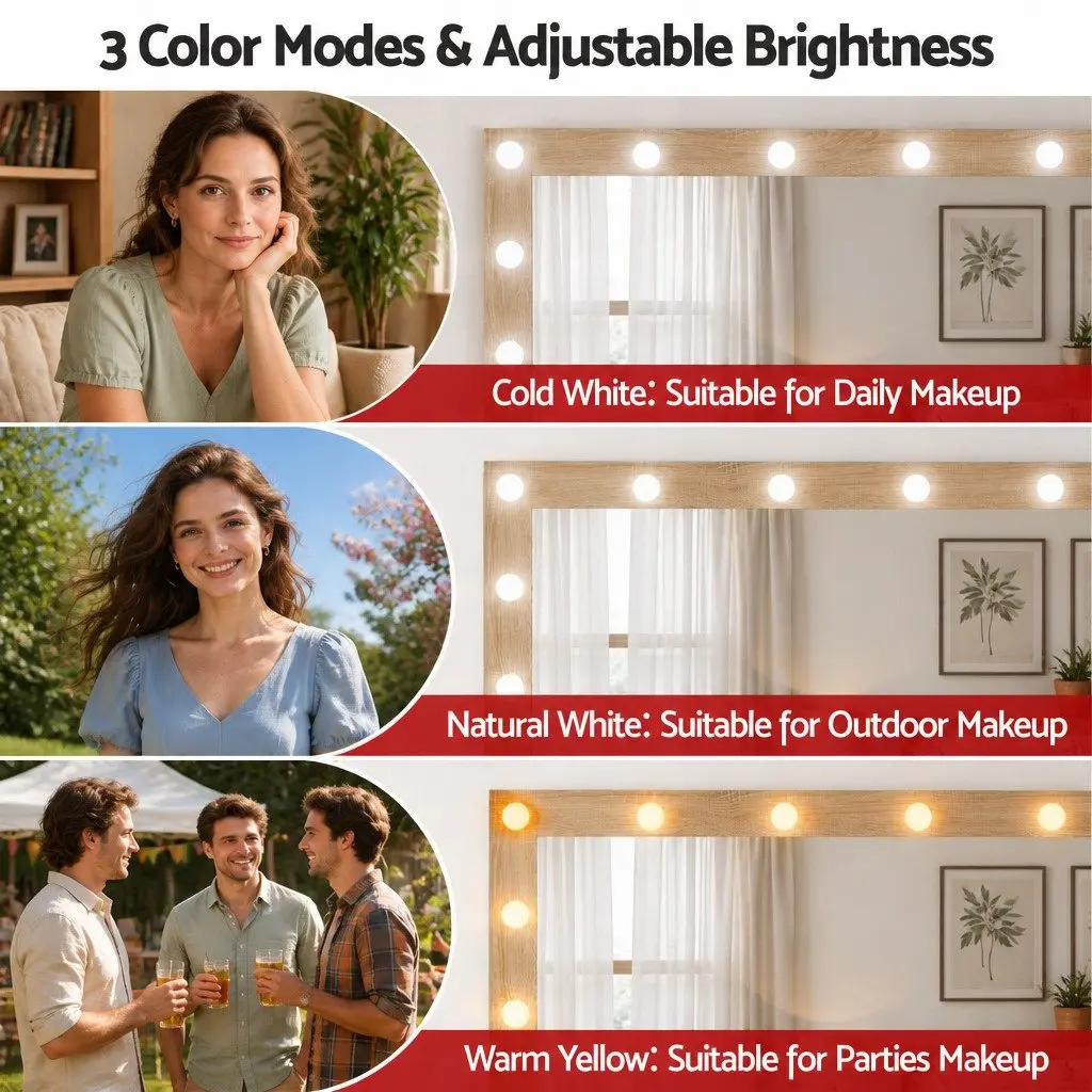 Dressing Table Vanity Desk Makeup Application LED Hollywood Mirror RGB Bulbs Wood 105cm x 40cm x 135cm