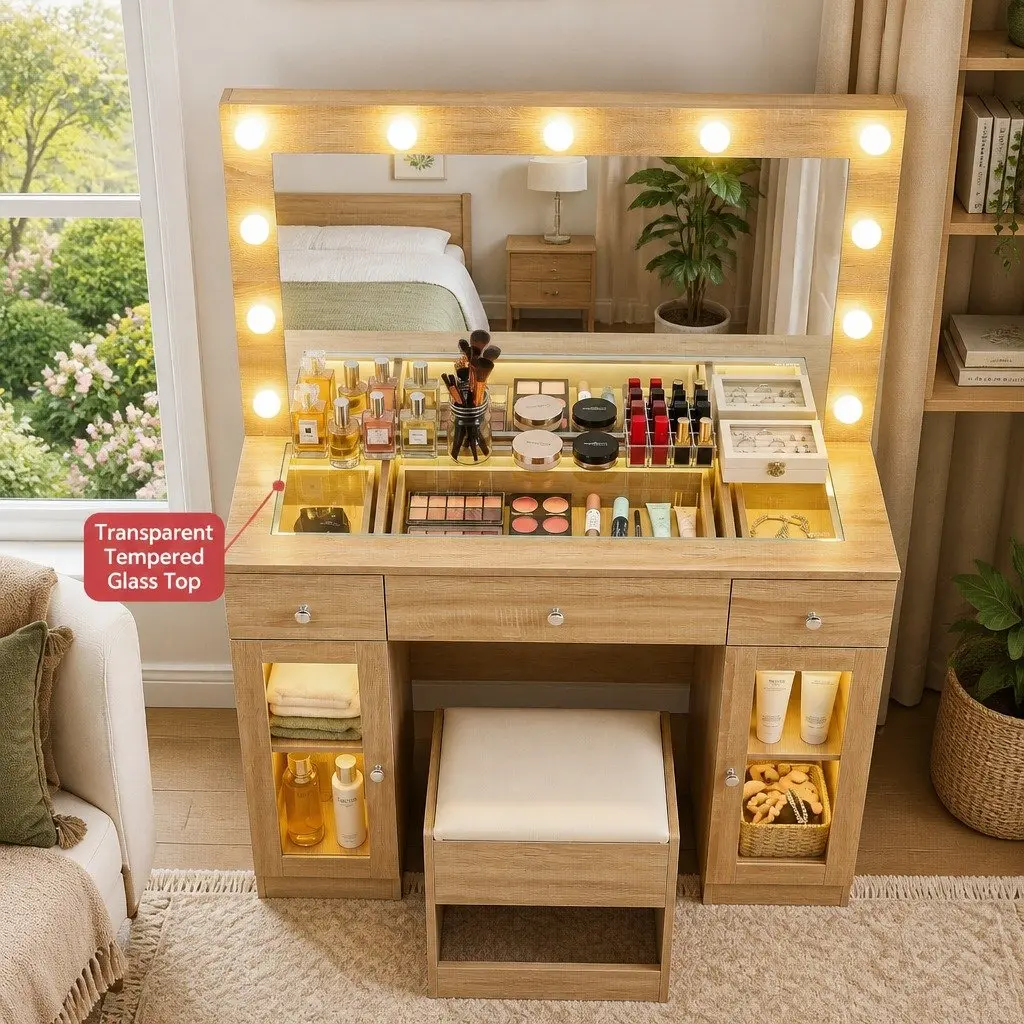 Dressing Table Vanity Desk Makeup Application LED Hollywood Mirror RGB Bulbs Wood 105cm x 40cm x 135cm