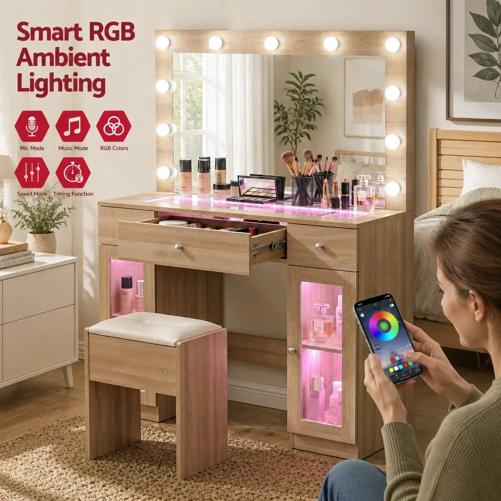 Dressing Table Vanity Desk Makeup Application LED Hollywood Mirror RGB Bulbs Wood 105cm x 40cm x 135cm