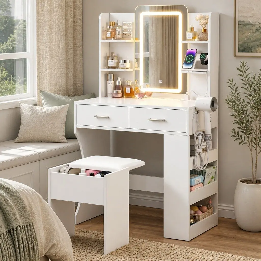 LED Vanity Dressing Table Makeup Desk with Mirror and Stool White 80cm x 40cm x 135cm