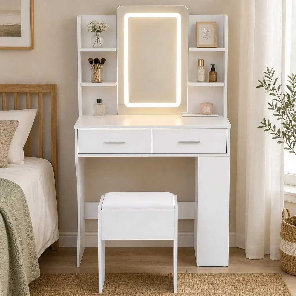 LED Vanity Dressing Table Makeup Desk with Mirror and Stool White 80cm x 40cm x 135cm