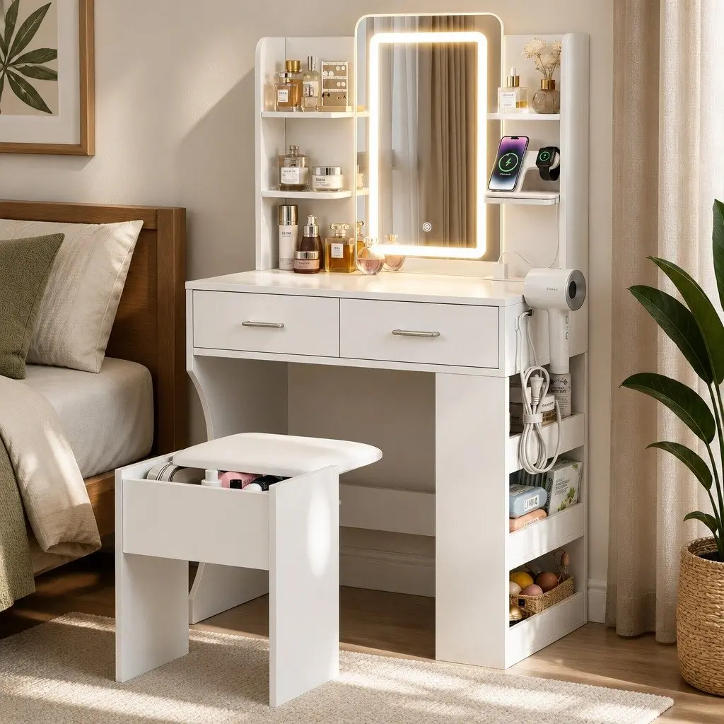LED Vanity Dressing Table Makeup Desk with Mirror and Stool White 80cm x 40cm x 135cm