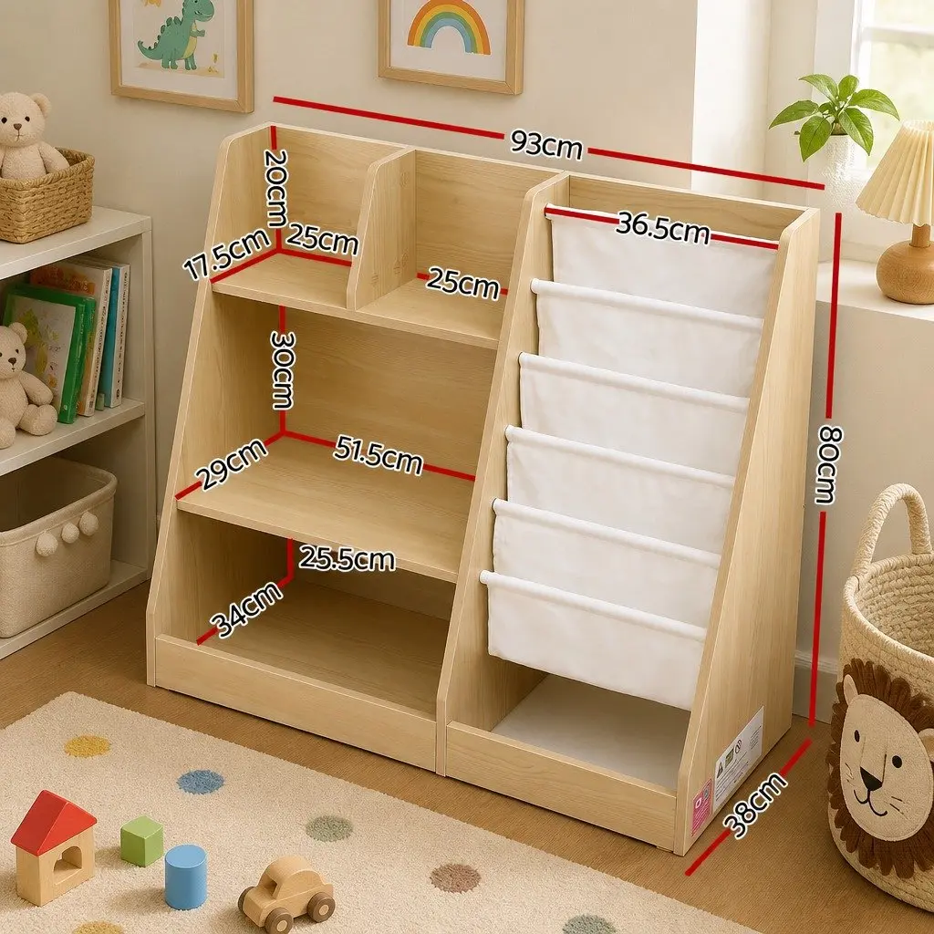 Kids Bookshelf Storage Organizer with Open Shelves Fabric Drawer and Sling Pouches Natural Wood 91cm x 39.5cm x 80cm