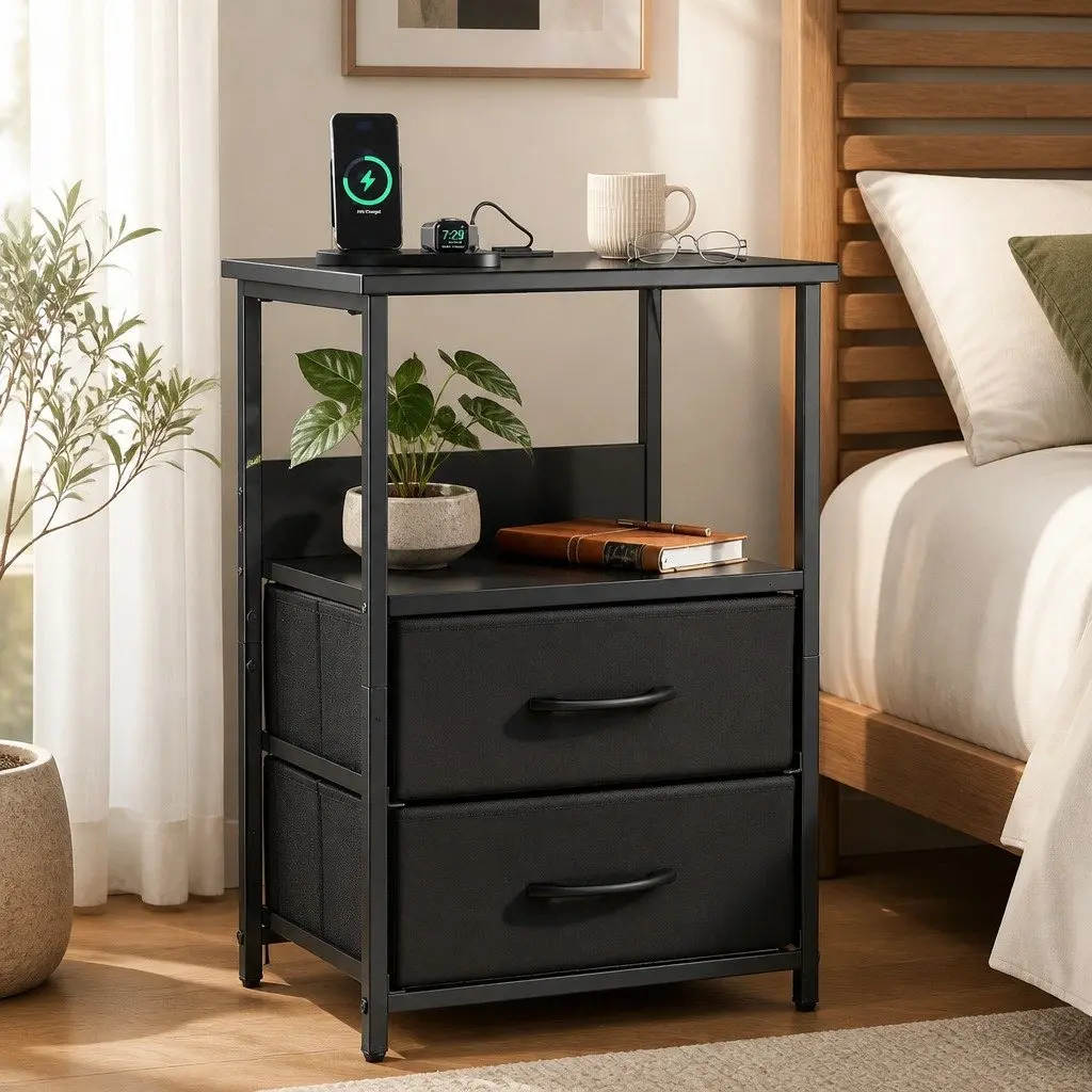 LED Nightstand with Charging Station and Storage