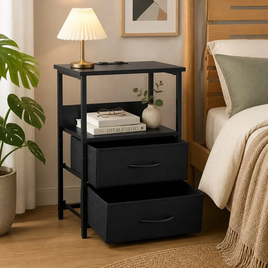 LED Nightstand with Charging Station and Storage