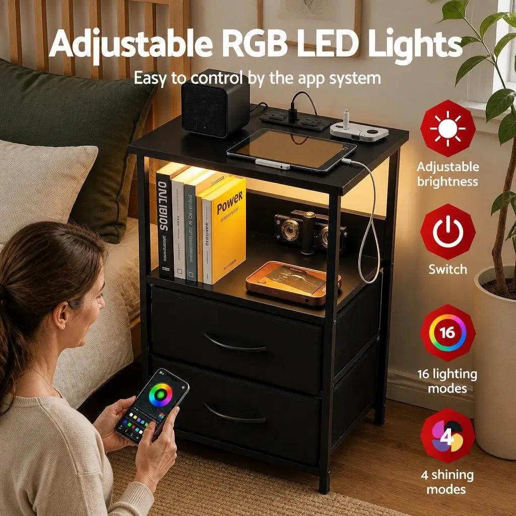 LED Nightstand with Charging Station and Storage