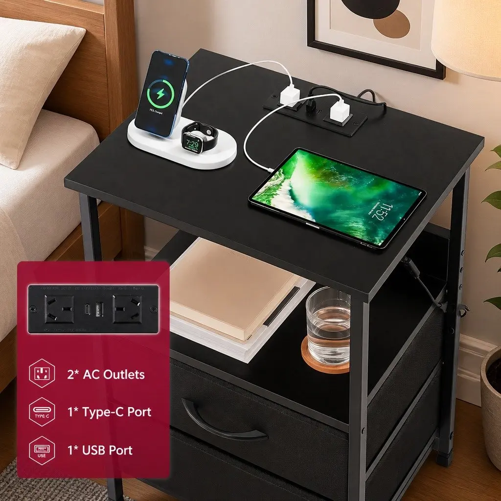 LED Nightstand with Charging Station and Storage