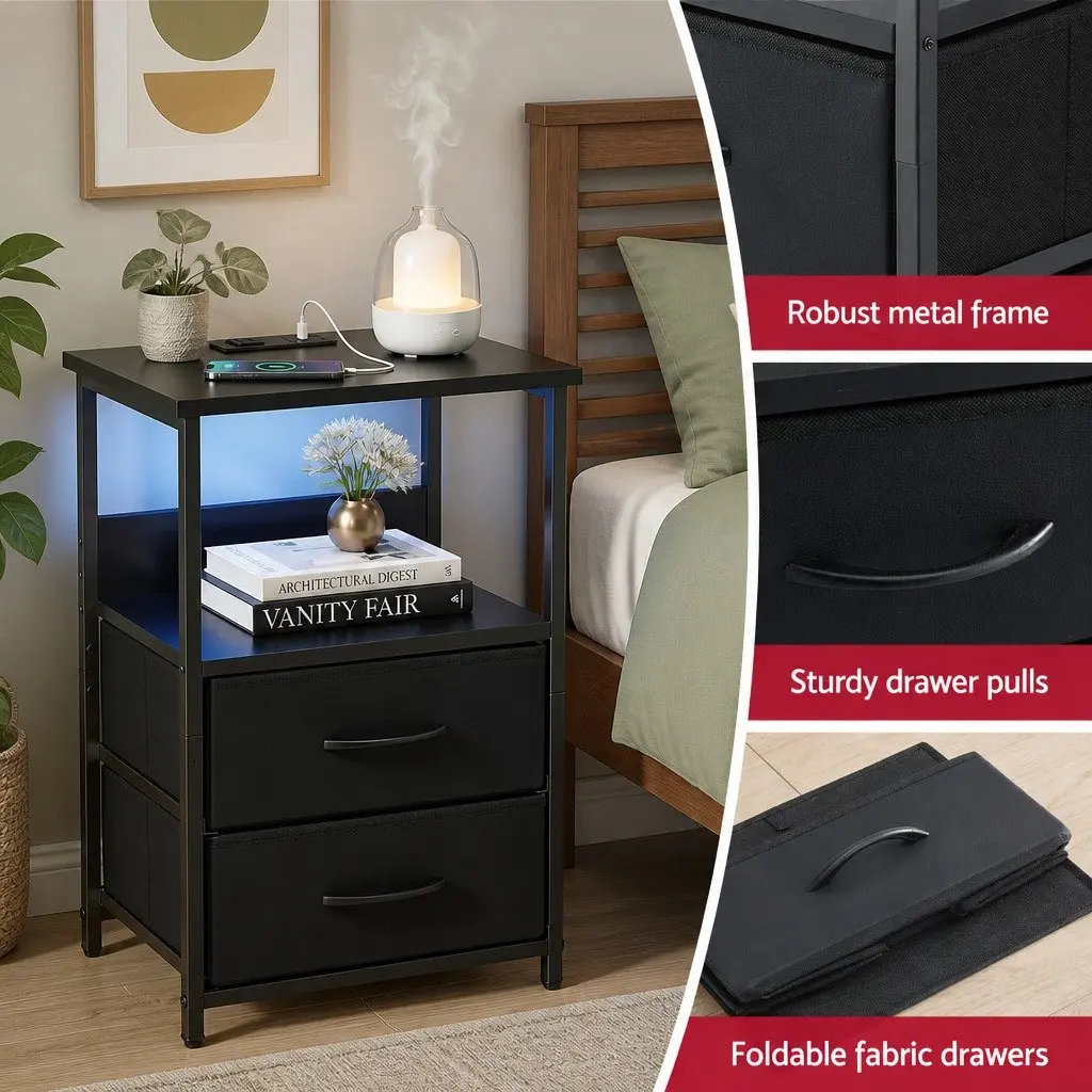LED Nightstand with Charging Station and Storage