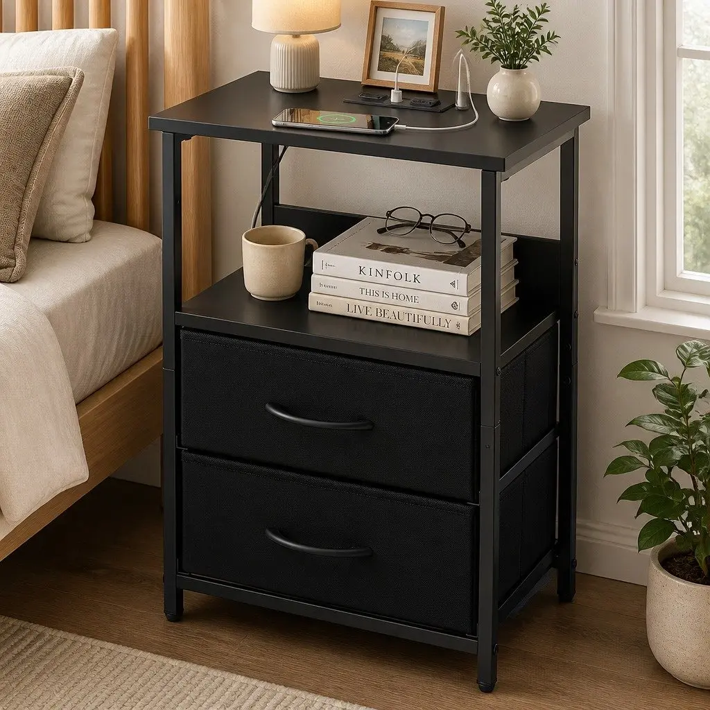 LED Nightstand with Charging Station and Storage