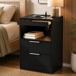 Warm and Functional Bedside Table with Charging Station