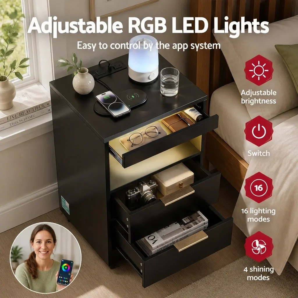 Bedside Table Nightstand with Charging Station 2 Drawers LED Black