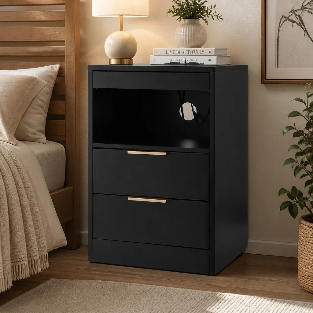 Bedside Table Nightstand with Charging Station 2 Drawers LED Black