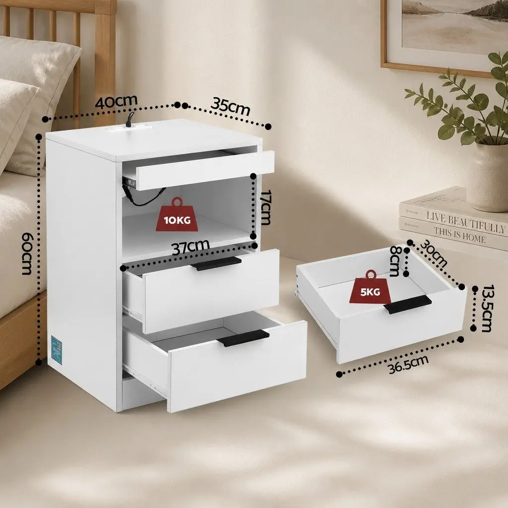 Bedside Table LED Nightstand Charging Station 2 Drawers White Bedroom Furniture