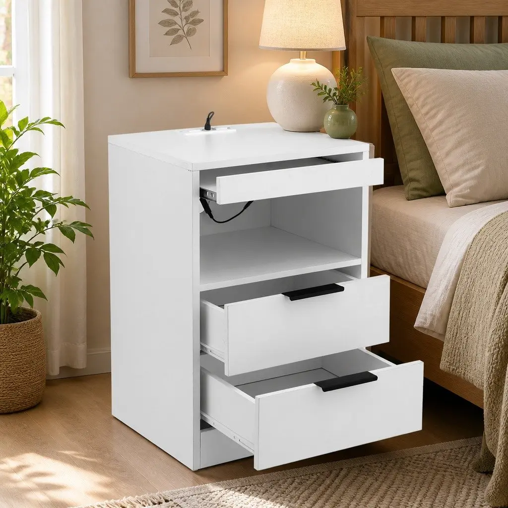 Bedside Table LED Nightstand Charging Station 2 Drawers White Bedroom Furniture