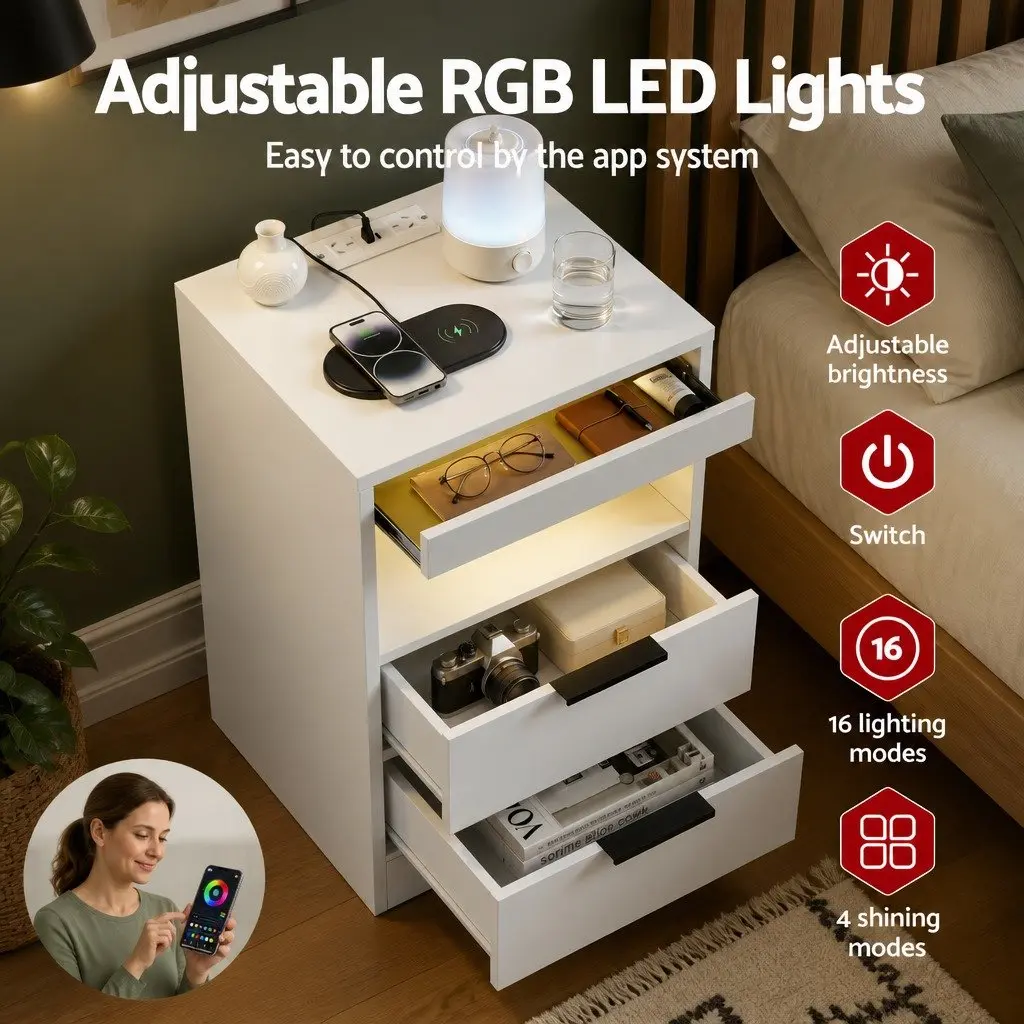 Bedside Table LED Nightstand Charging Station 2 Drawers White Bedroom Furniture