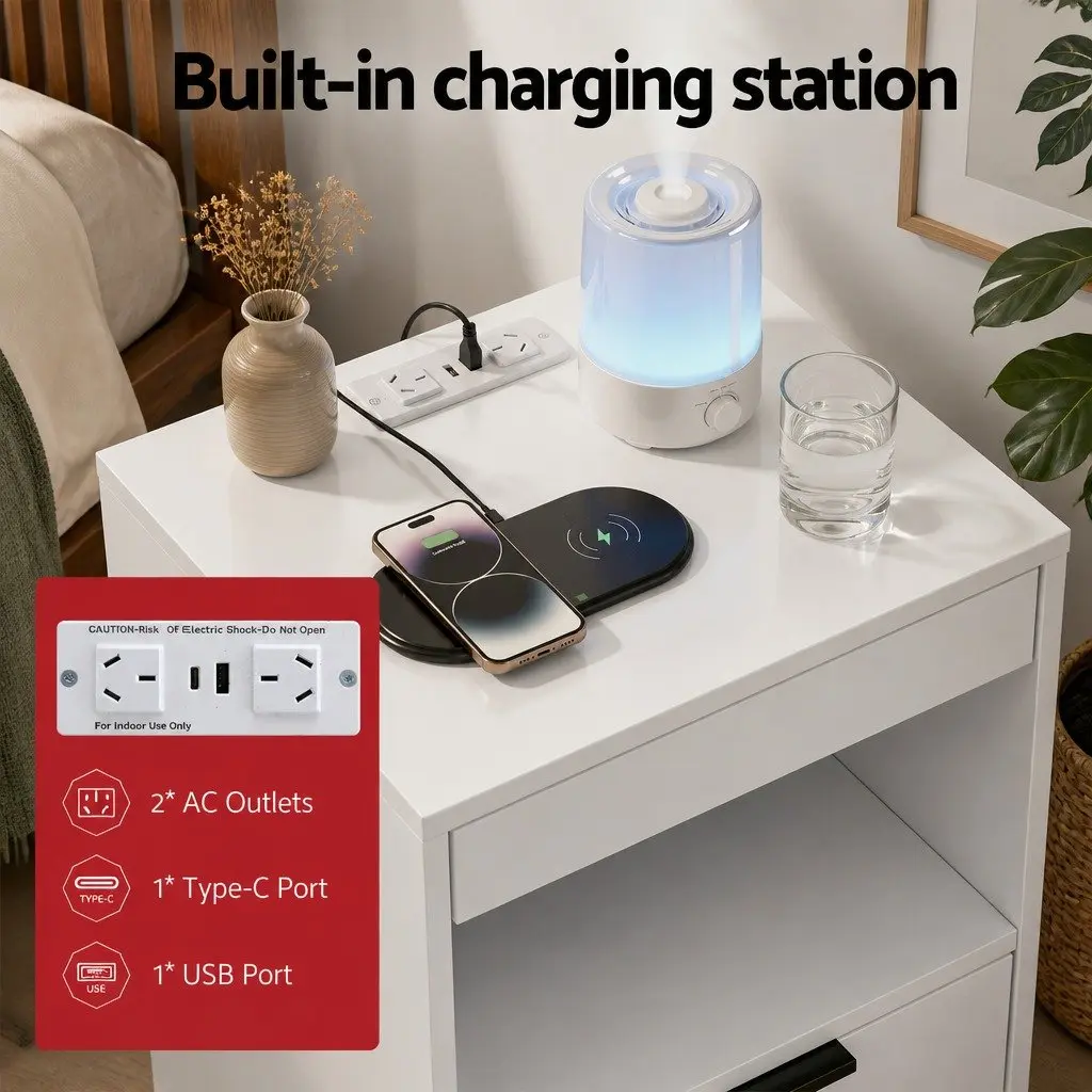 Bedside Table LED Nightstand Charging Station 2 Drawers White Bedroom Furniture