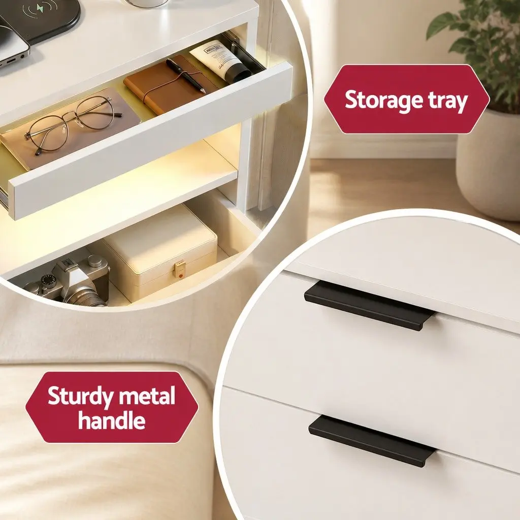 Bedside Table LED Nightstand Charging Station 2 Drawers White Bedroom Furniture
