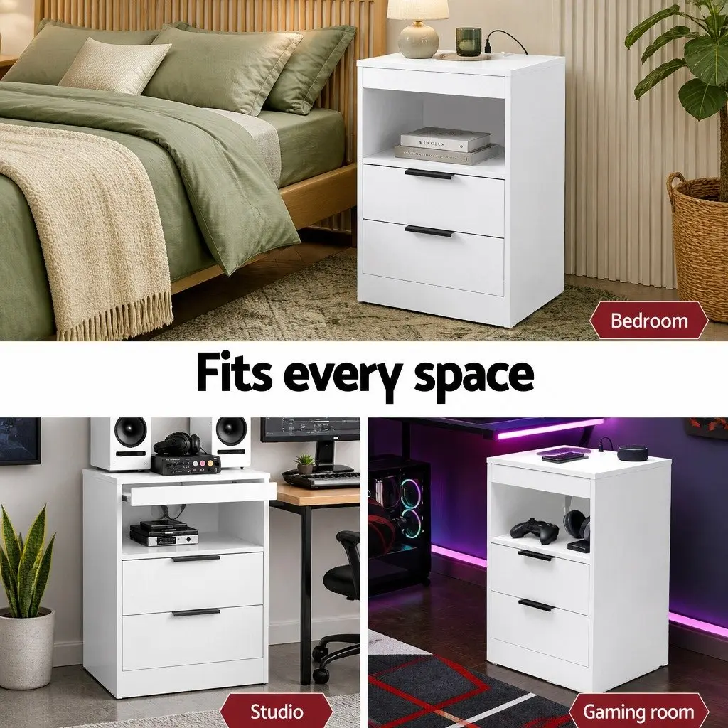 Bedside Table LED Nightstand Charging Station 2 Drawers White Bedroom Furniture
