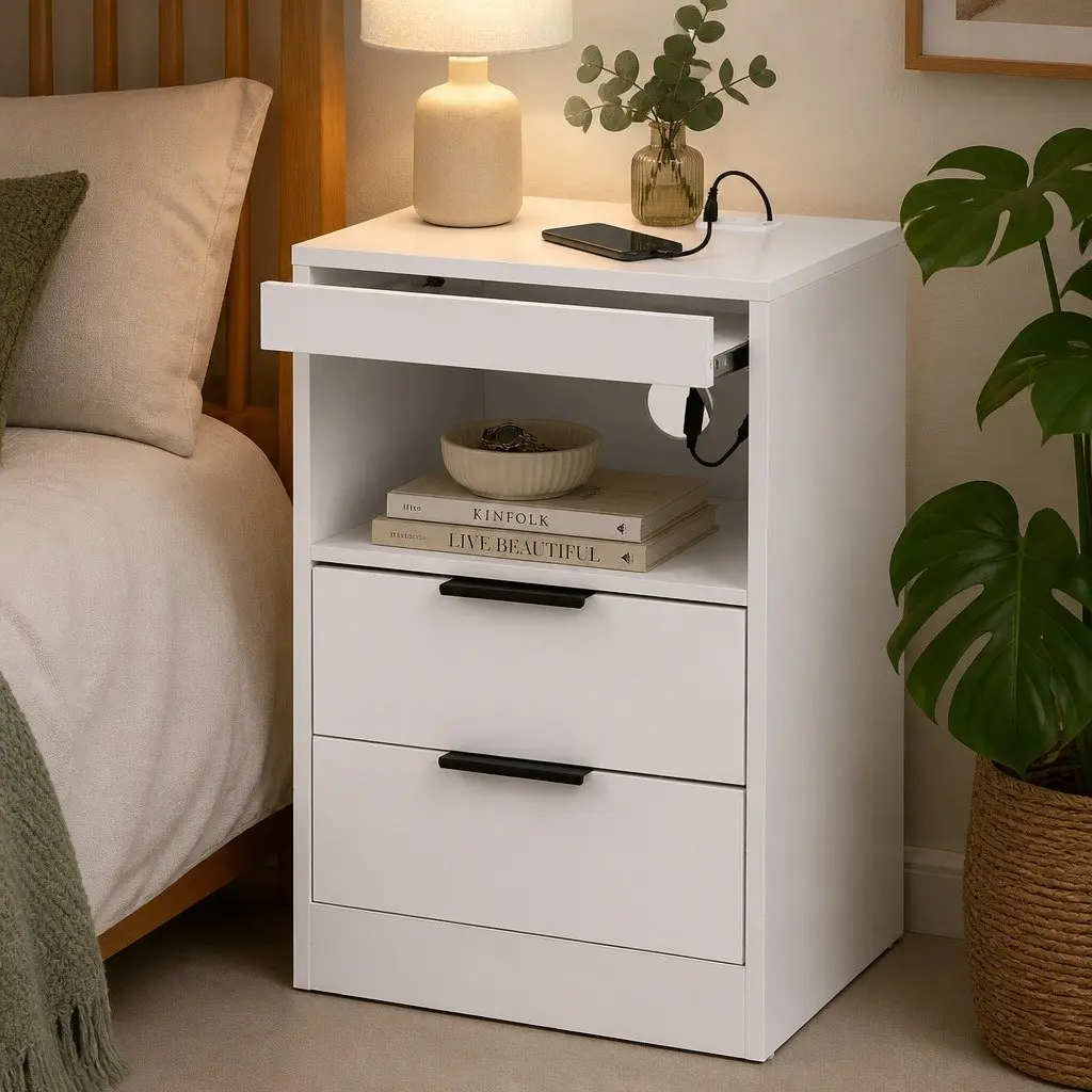 Bedside Table LED Nightstand Charging Station 2 Drawers White Bedroom Furniture