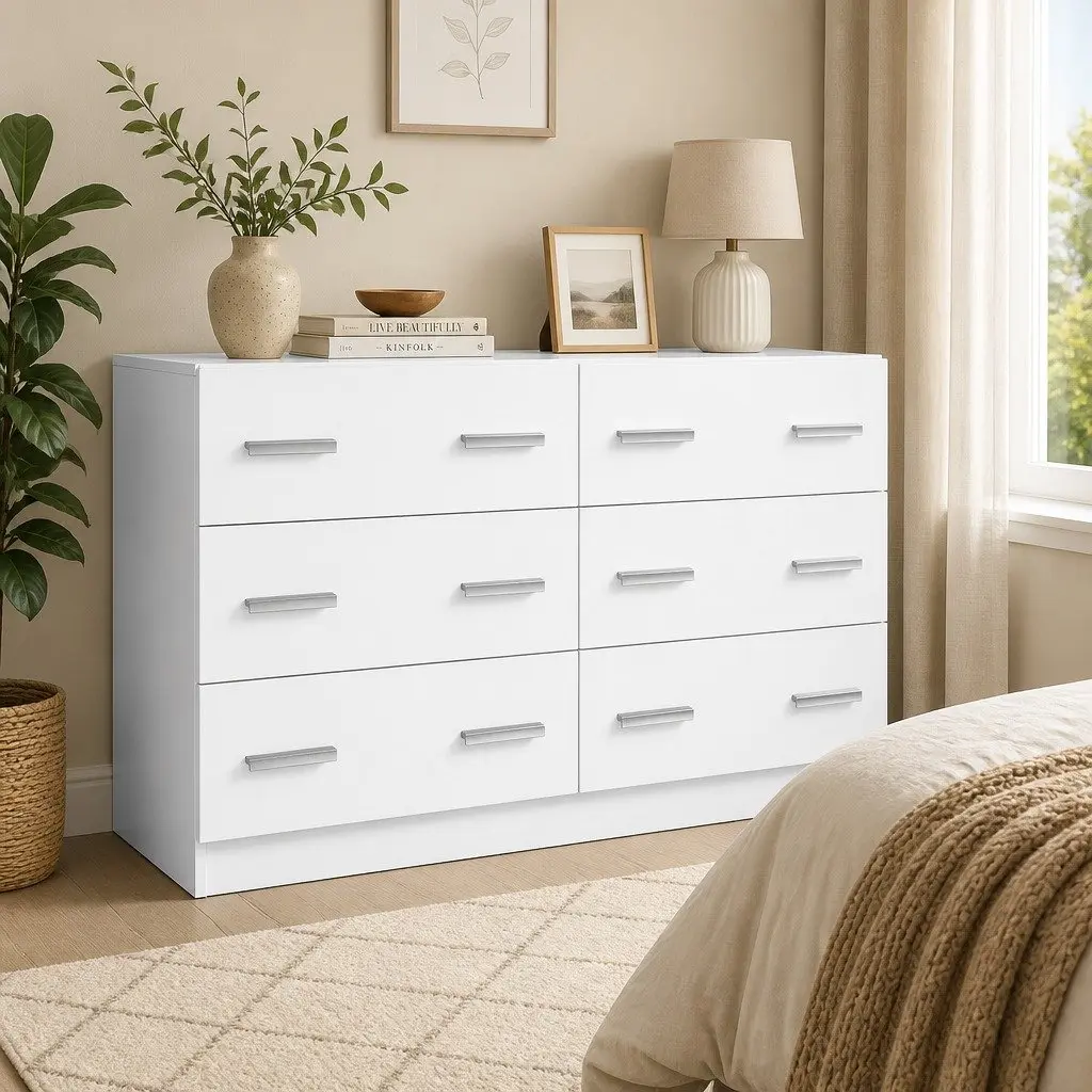6 Drawer Chest of Drawers Bedroom Storage Cabinet White Lowboy Dresser Furniture