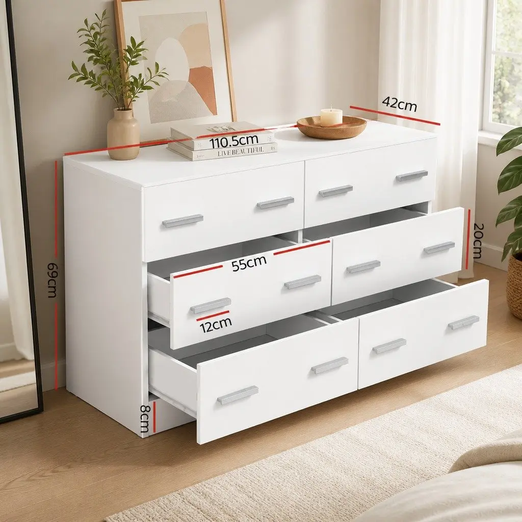 6 Drawer Chest of Drawers Bedroom Storage Cabinet White Lowboy Dresser Furniture