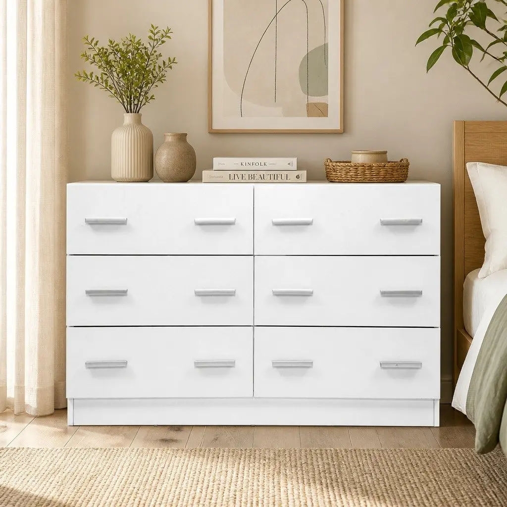 6 Drawer Chest of Drawers Bedroom Storage Cabinet White Lowboy Dresser Furniture
