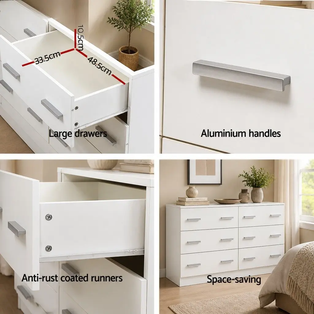 6 Drawer Chest of Drawers Bedroom Storage Cabinet White Lowboy Dresser Furniture