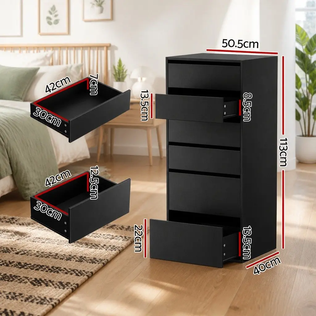 6 Drawer Chest of Drawers Bedroom Storage Tallboy Dresser Black