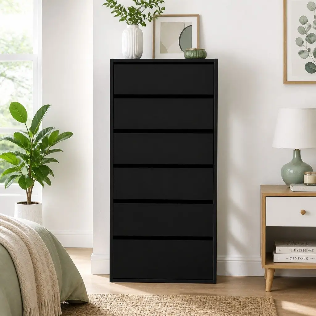 6 Drawer Chest of Drawers Bedroom Storage Tallboy Dresser Black