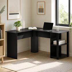 L-Shape Computer Desk with Open Shelves and Cable Management Black Home Office