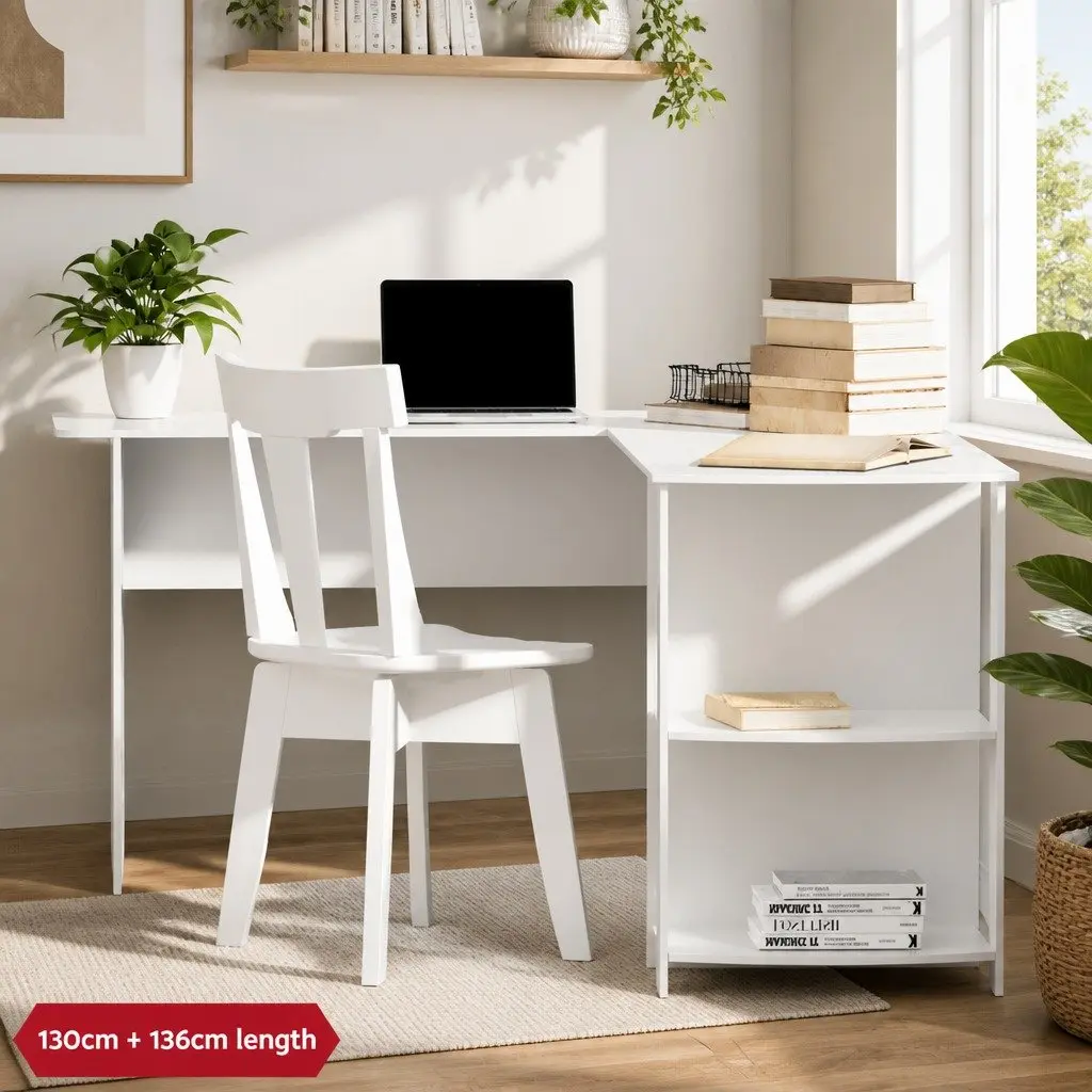 L-Shape Computer Desk with Open Shelves and Cable Management White 136cm Office