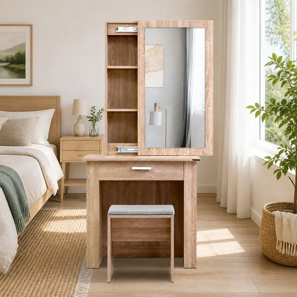 Dressing Table Stool Set Sliding Mirror Bedroom Vanity Storage Wood 74cm W x 40cm D x 160cm H