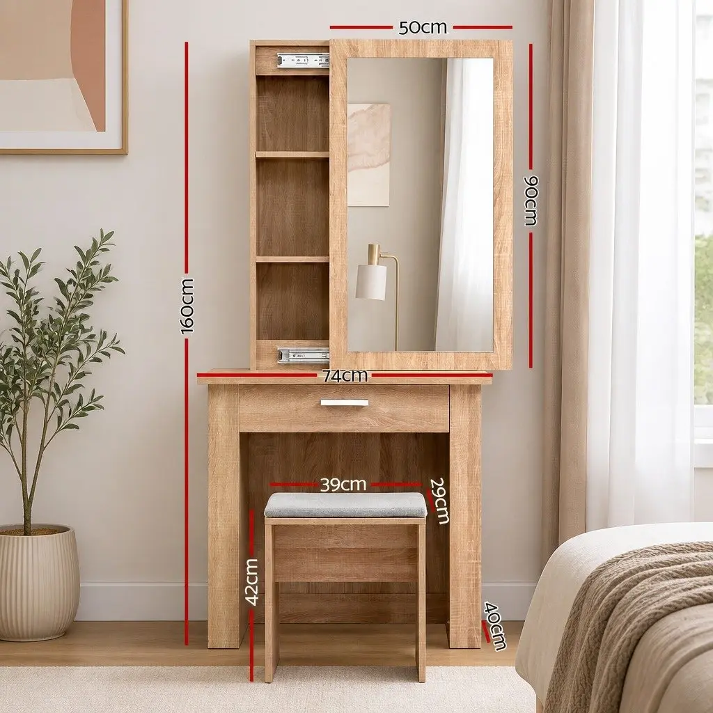 Dressing Table Stool Set Sliding Mirror Bedroom Vanity Storage Wood 74cm W x 40cm D x 160cm H