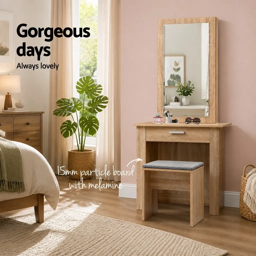 Dressing Table Stool Set Sliding Mirror Bedroom Vanity Storage Wood 74cm W x 40cm D x 160cm H