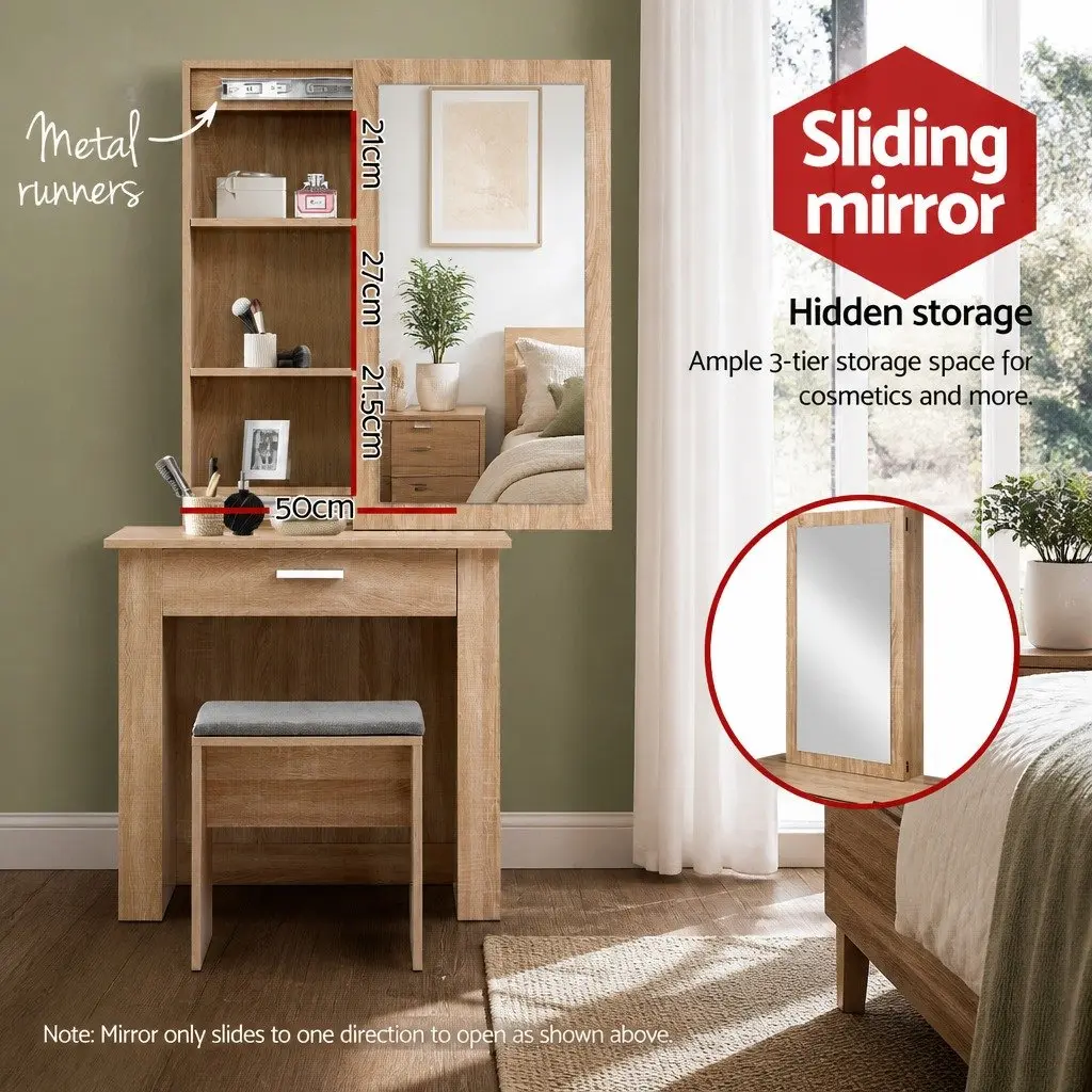 Dressing Table Stool Set Sliding Mirror Bedroom Vanity Storage Wood 74cm W x 40cm D x 160cm H