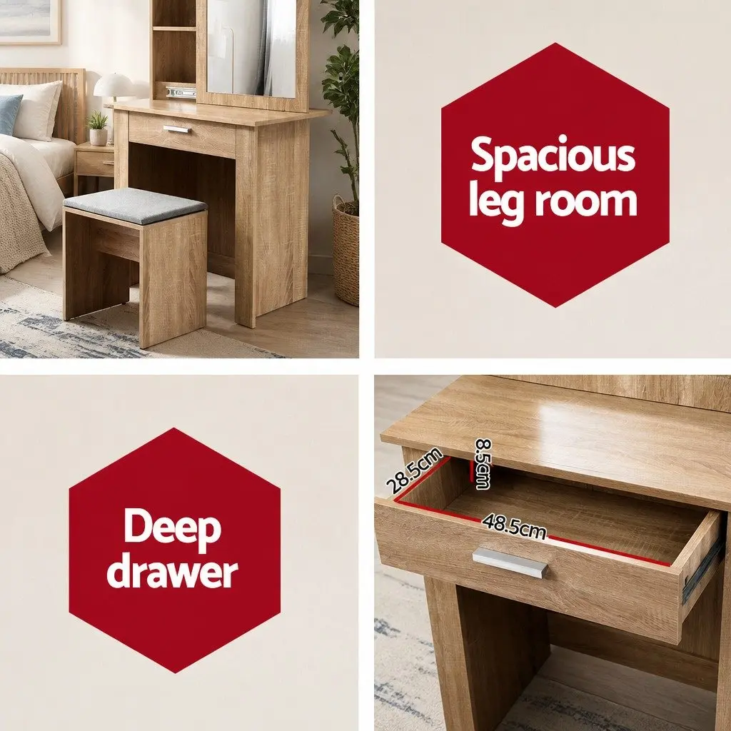 Dressing Table Stool Set Sliding Mirror Bedroom Vanity Storage Wood 74cm W x 40cm D x 160cm H