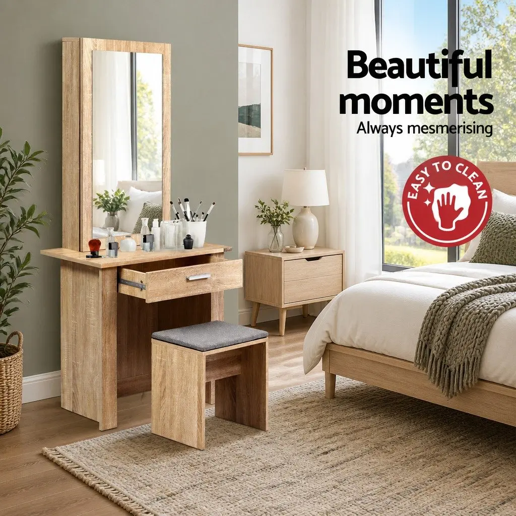 Dressing Table Stool Set Sliding Mirror Bedroom Vanity Storage Wood 74cm W x 40cm D x 160cm H